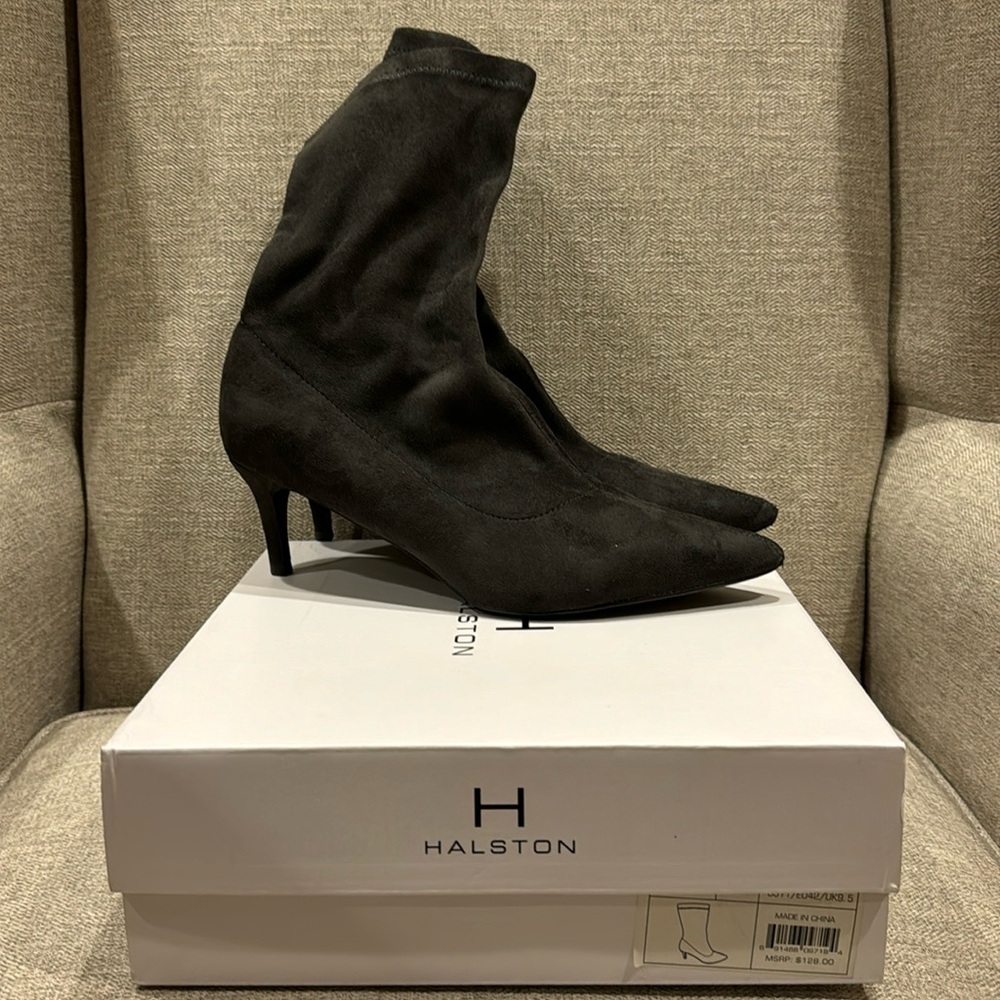 Halston dark grey suede booties 2-1/2” heel pointed toes slip ons